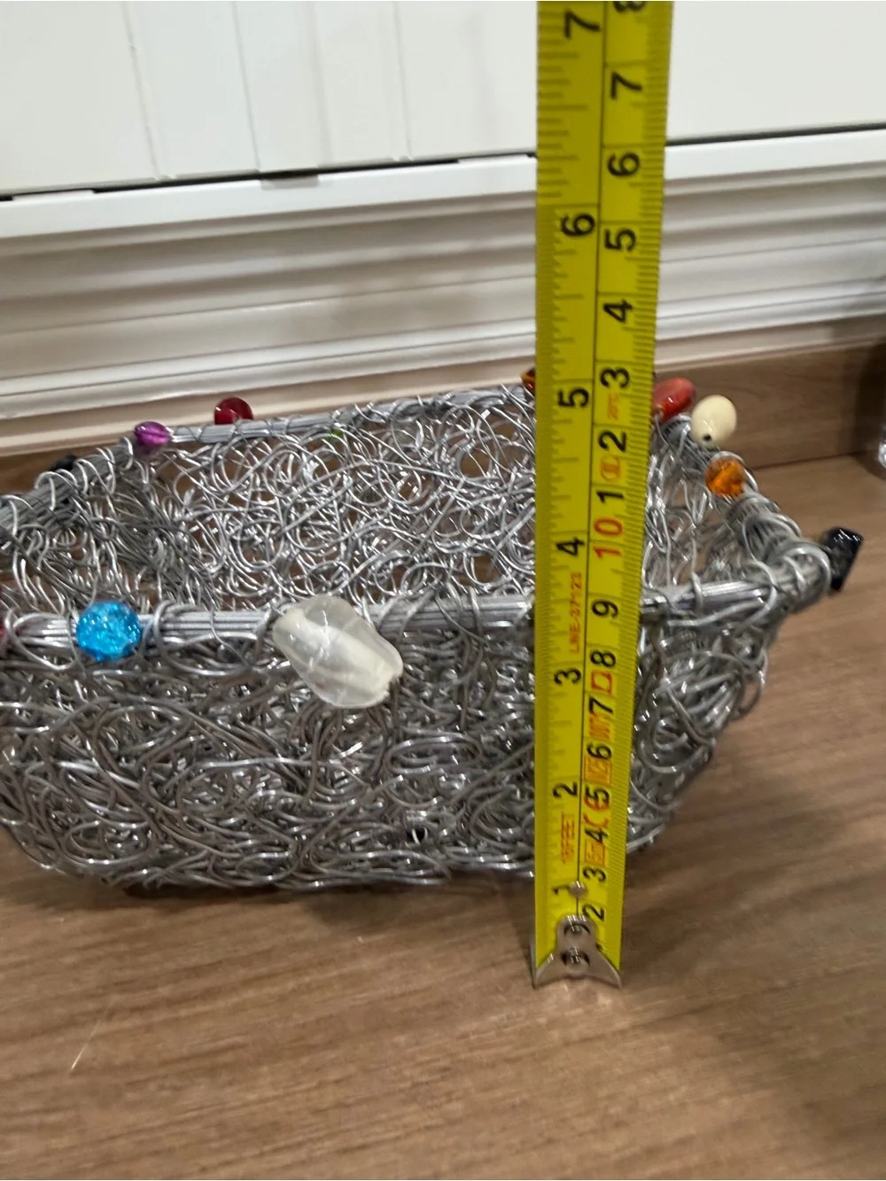 Decorative Silver Wire Basket with Multicolor Bead Accents